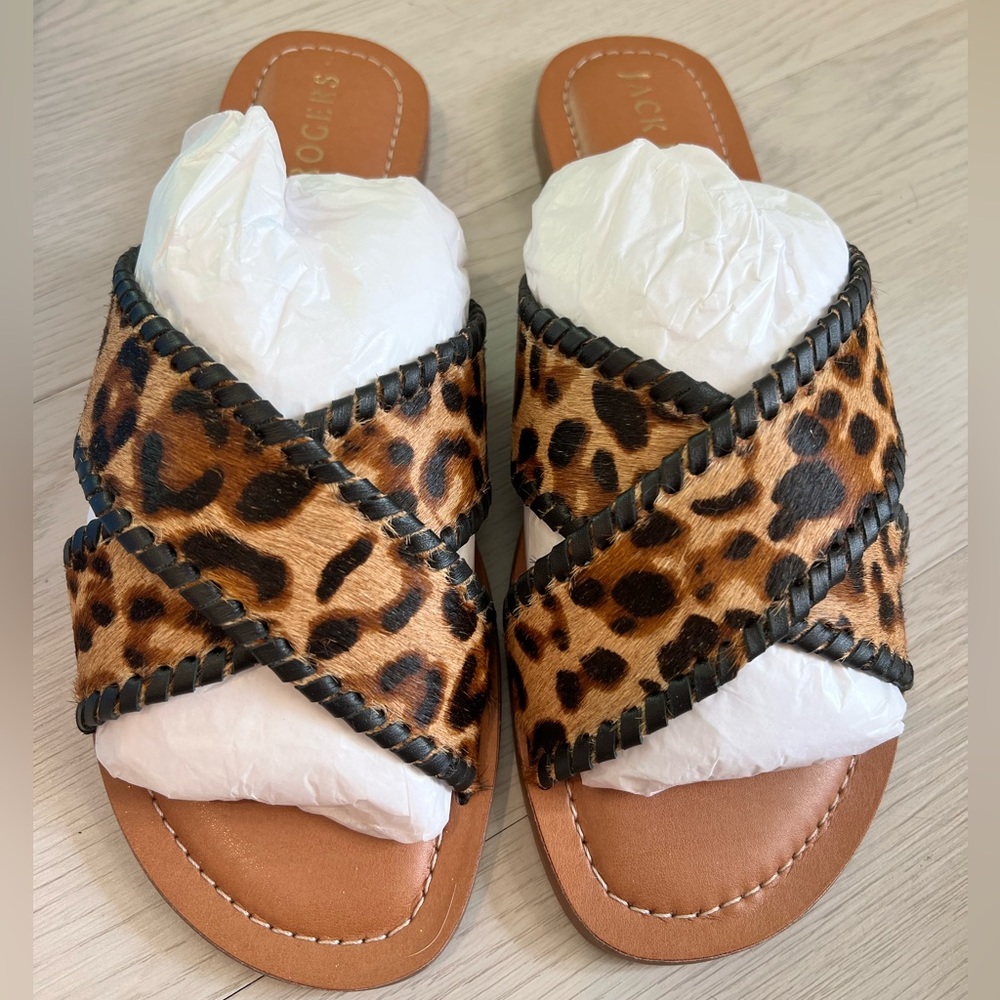 NWT JACK ROGERS Haircalf Sloane Sandal Women’s size 8.5 Leopard Brown and Black